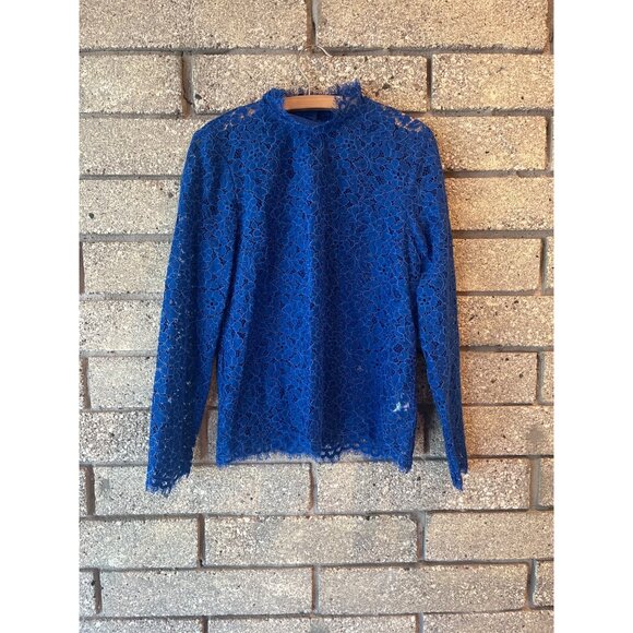 J. Crew Long Sleeve Blue Floral Lace Blouse With Scalloped Edges Womens Size S - Picture 1 of 10